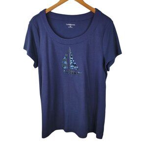 Croft Barrow T-Shirt XL Casual Sailboat Sequin Beaded Navy Blue Short Sleeve